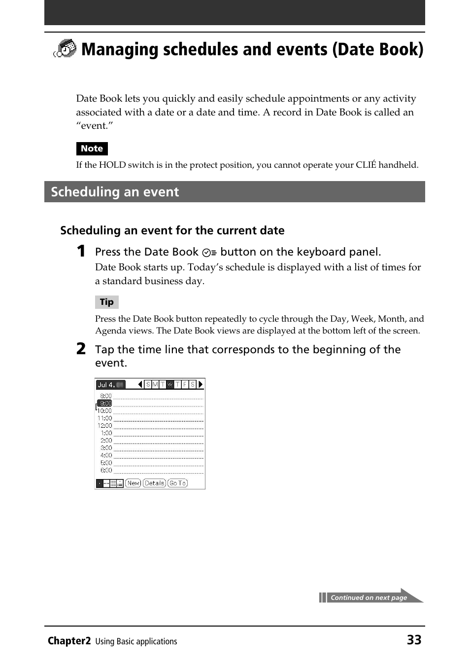 Managing schedules and events (date book), Scheduling an event, Managing schedules and events | Date book) | Sony PEG-NR70V/U User Manual | Page 33 / 224