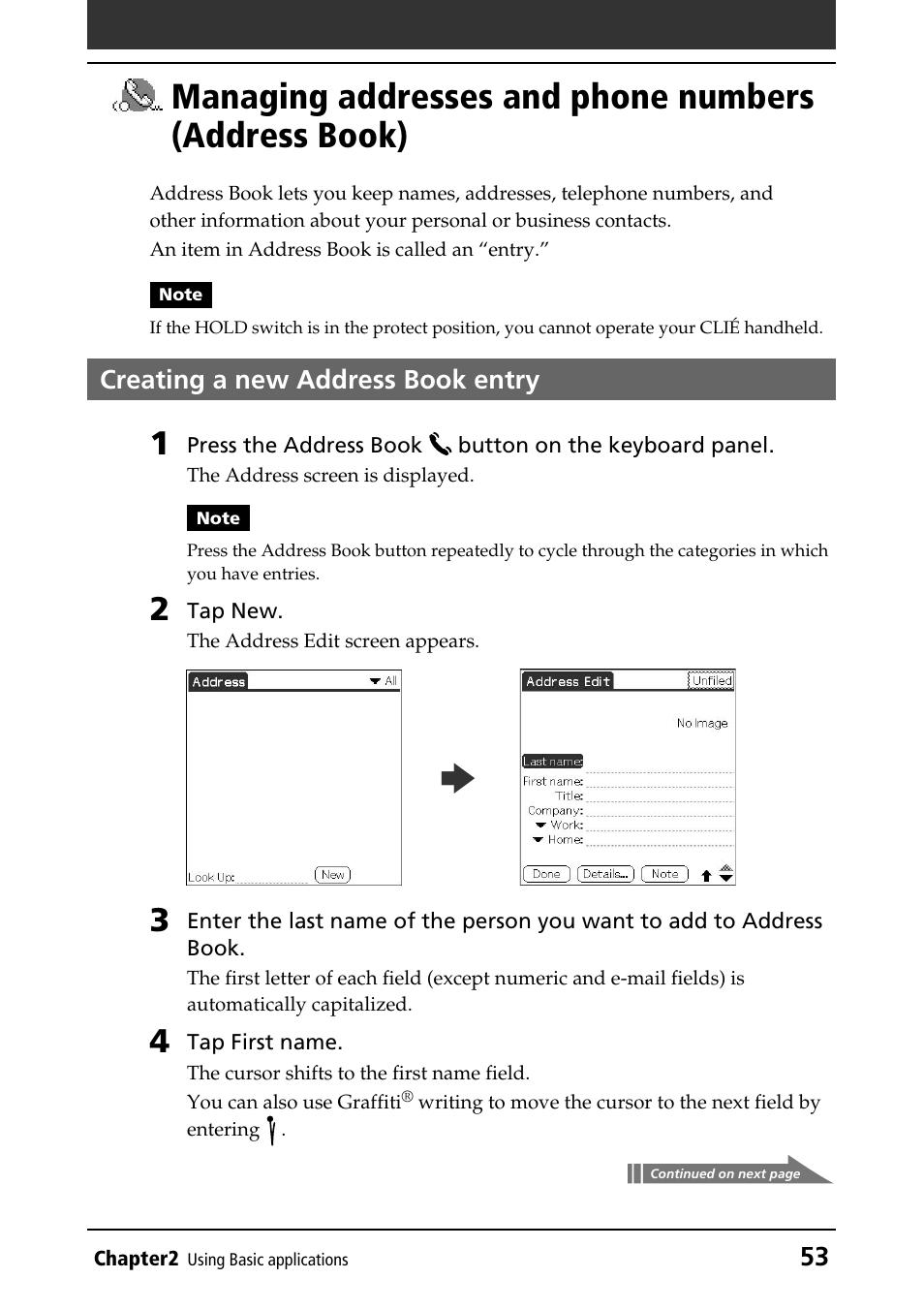 Creating a new address book entry, Managing addresses and phone, Numbers (address book) | Sony PEG-NR70V/U User Manual | Page 53 / 224