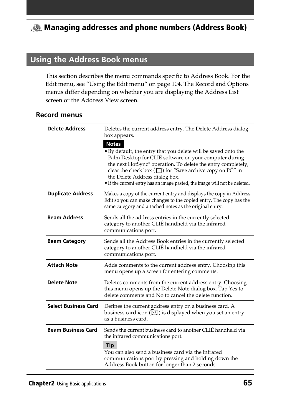 Using the address book menus, Record menus | Sony PEG-NR70V/U User Manual | Page 65 / 224