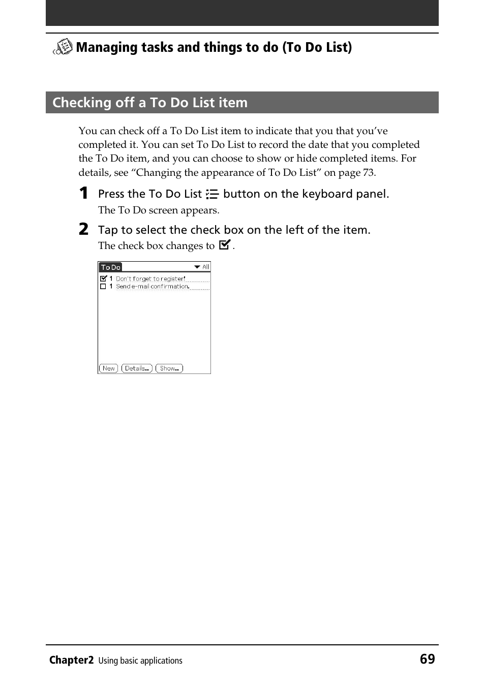 Checking off a to do list item | Sony PEG-NR70V/U User Manual | Page 69 / 224