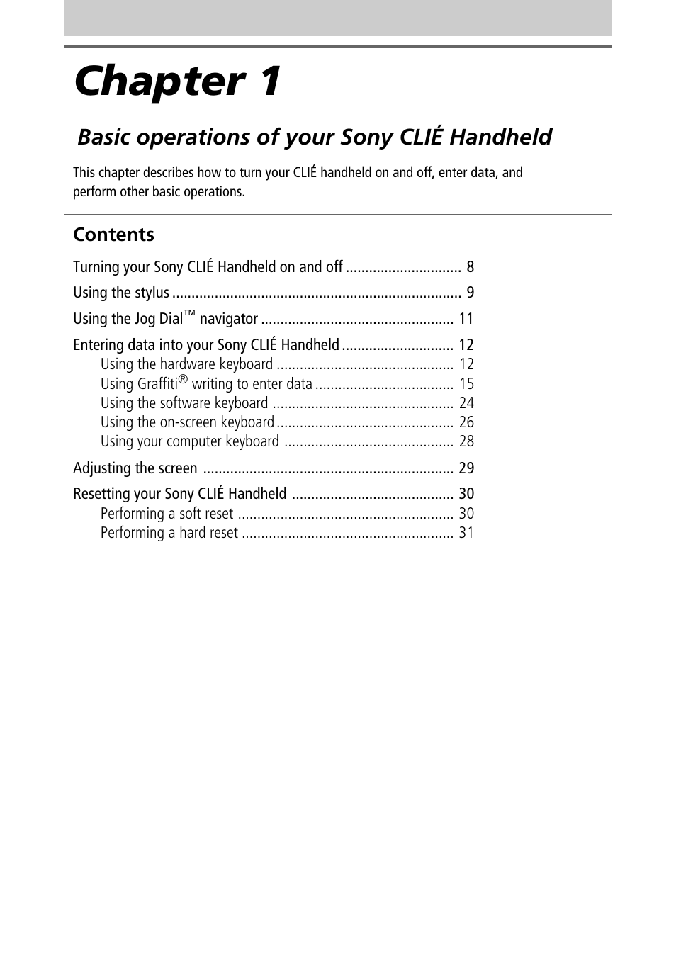 Chapter 1, Basic operations of your sony clié handheld | Sony PEG-NR70V/U User Manual | Page 7 / 224