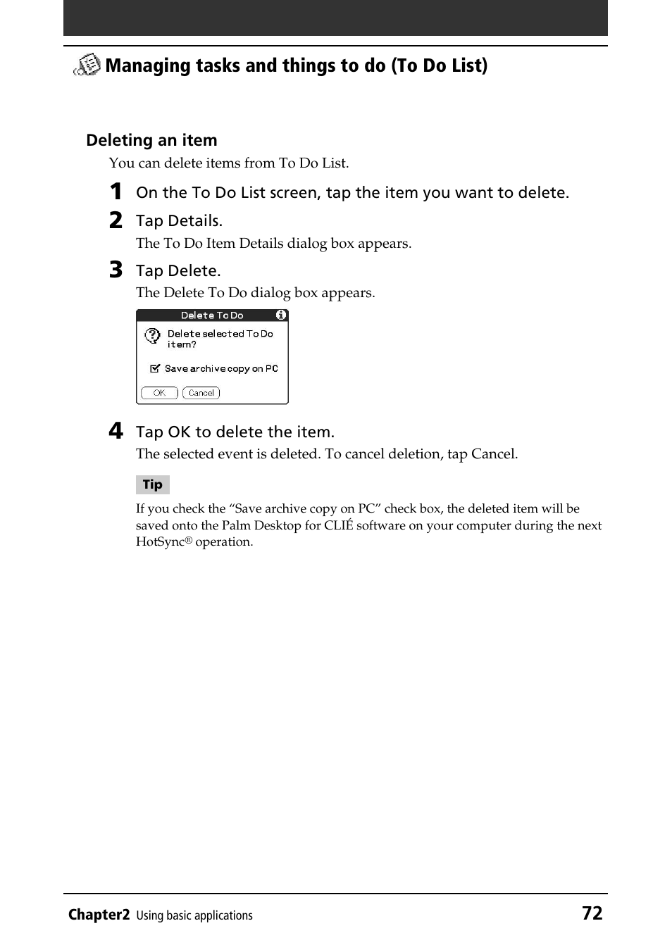 72 managing tasks and things to do (to do list) | Sony PEG-NR70V/U User Manual | Page 72 / 224