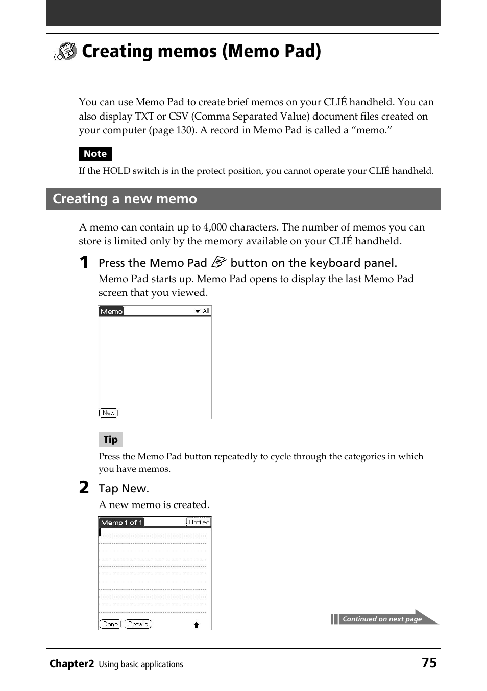 Creating memos (memo pad), Creating a new memo | Sony PEG-NR70V/U User Manual | Page 75 / 224