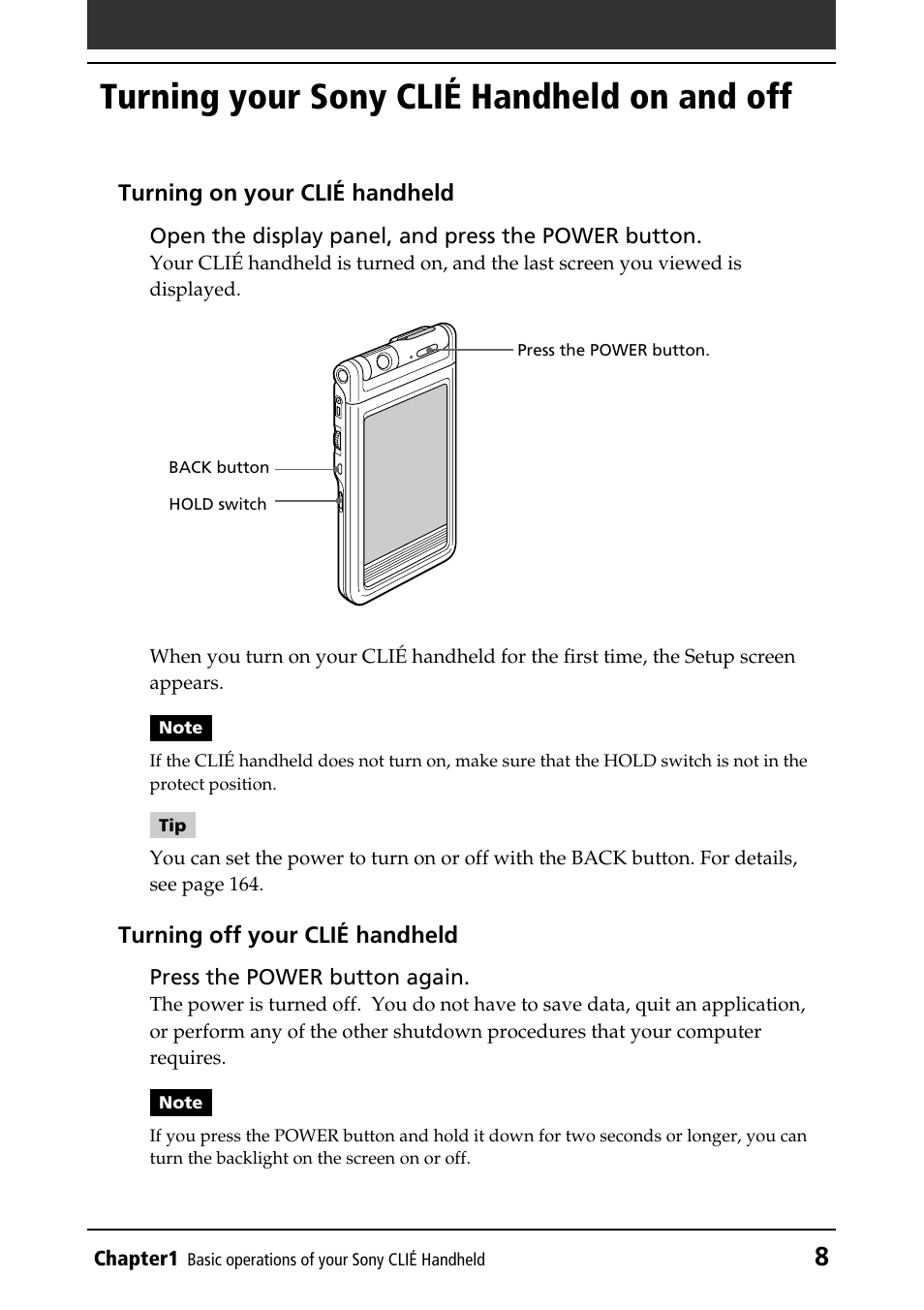 Turning your sony clié handheld on and off | Sony PEG-NR70V/U User Manual | Page 8 / 224