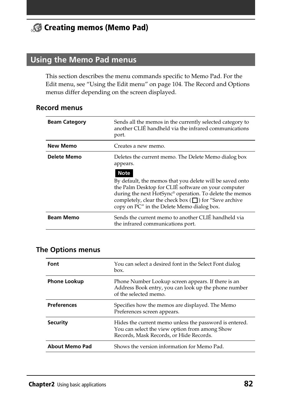 Using the memo pad menus, Record menus, The options menus | Sony PEG-NR70V/U User Manual | Page 82 / 224