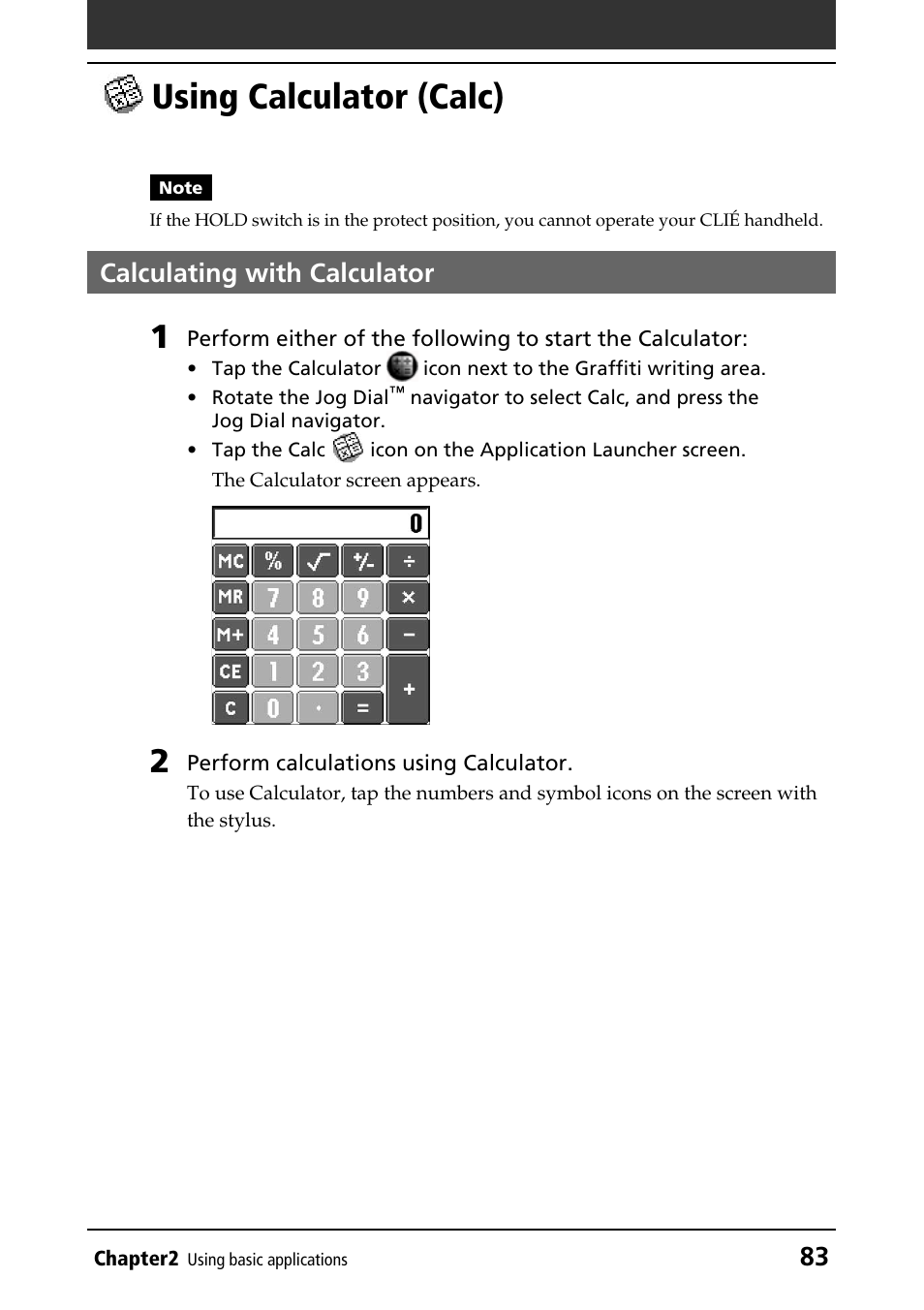 Using calculator (calc), Calculating with calculator | Sony PEG-NR70V/U User Manual | Page 83 / 224