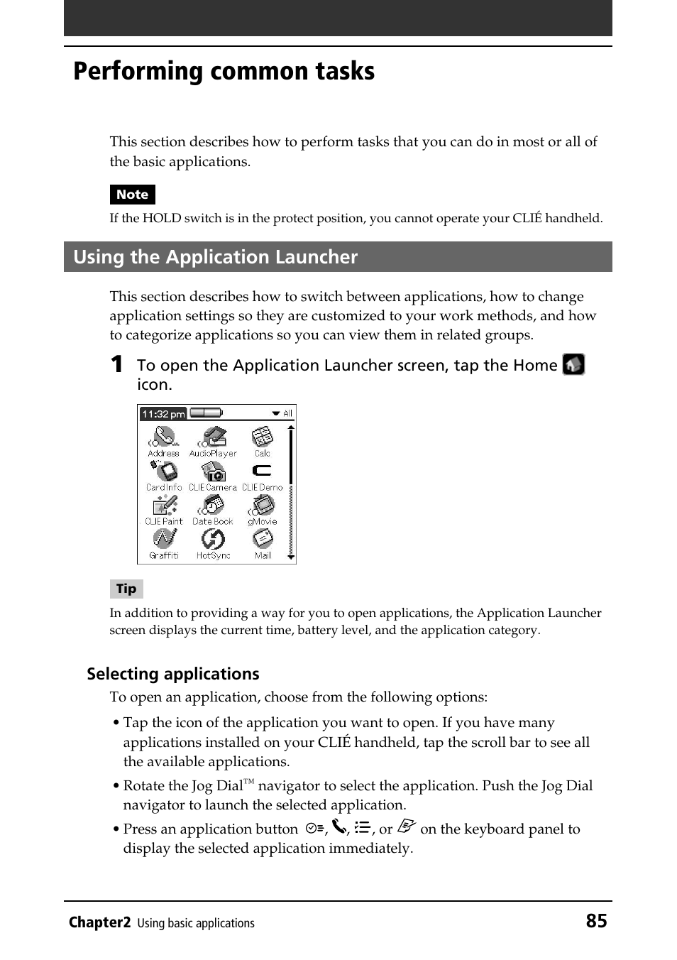 Performing common tasks, Using the application launcher | Sony PEG-NR70V/U User Manual | Page 85 / 224