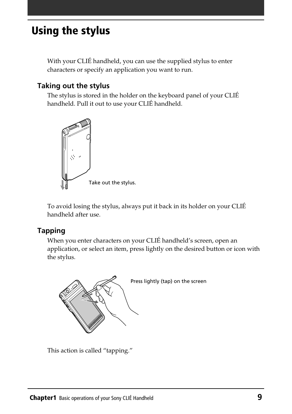 Using the stylus | Sony PEG-NR70V/U User Manual | Page 9 / 224