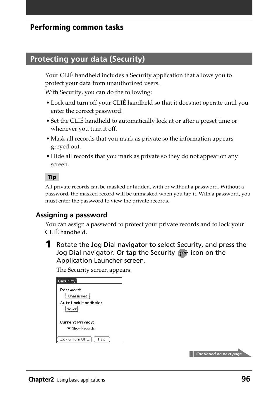 Protecting your data (security) | Sony PEG-NR70V/U User Manual | Page 96 / 224