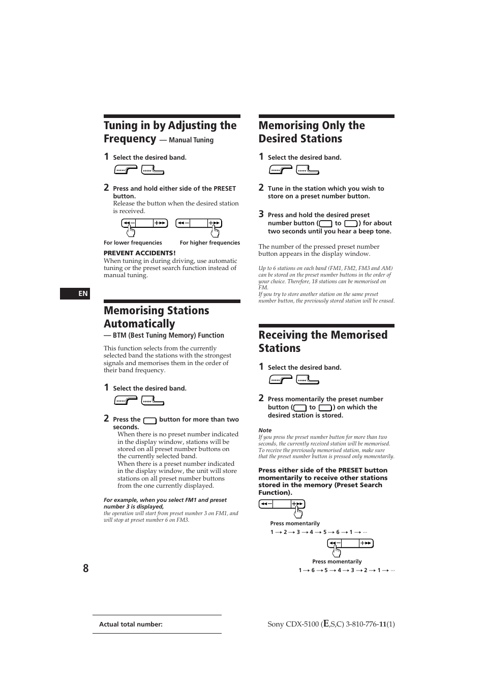 Tuning in by adjusting the frequency | Sony CDX-5100 User Manual | Page 8 / 31