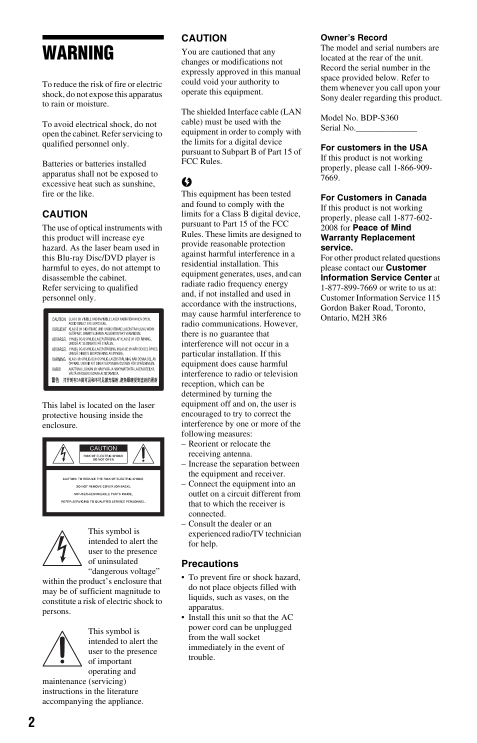 Warning | Sony BDP-S360 User Manual | Page 2 / 79