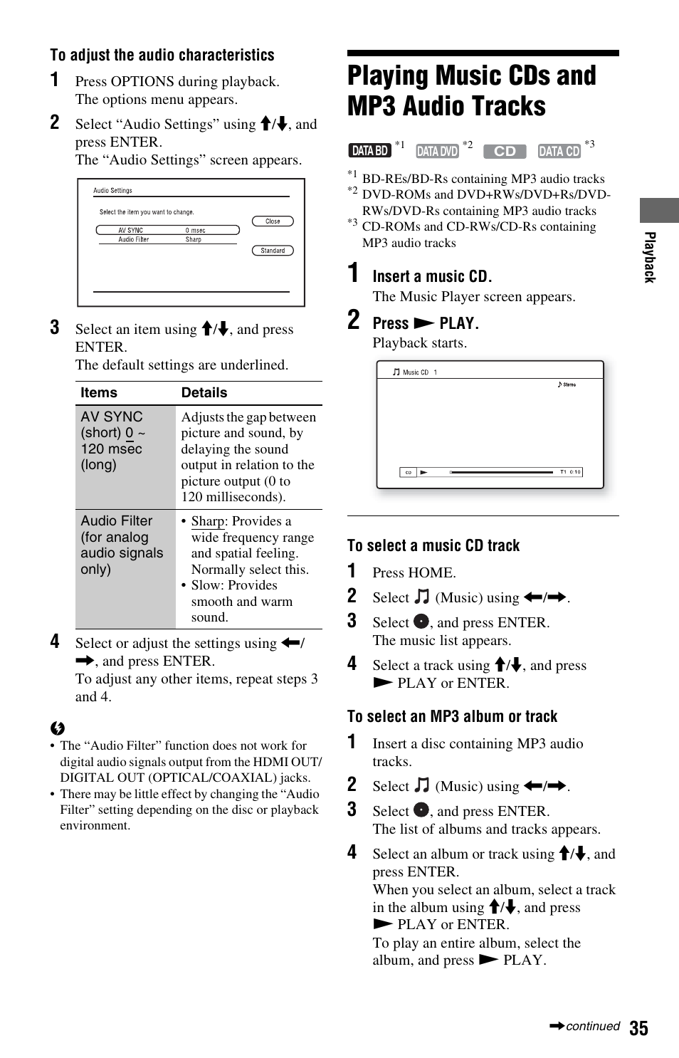 Playing music cds and mp3 audio tracks | Sony BDP-S360 User Manual | Page 35 / 79