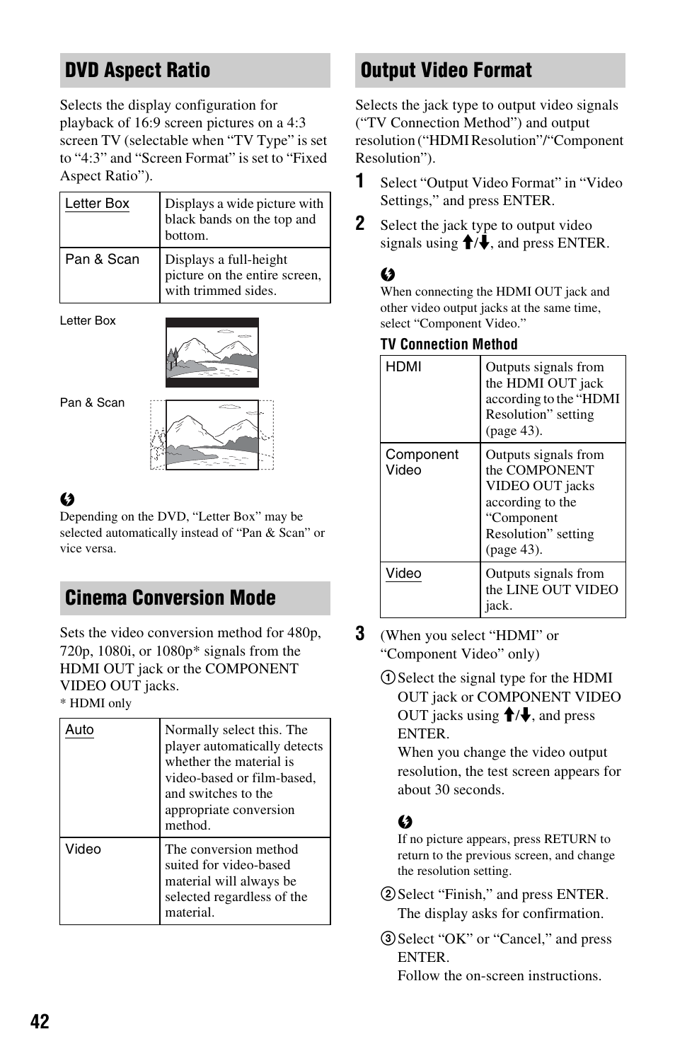 Dvd aspect ratio, Cinema conversion mode, Output video format | Sony BDP-S360 User Manual | Page 42 / 79