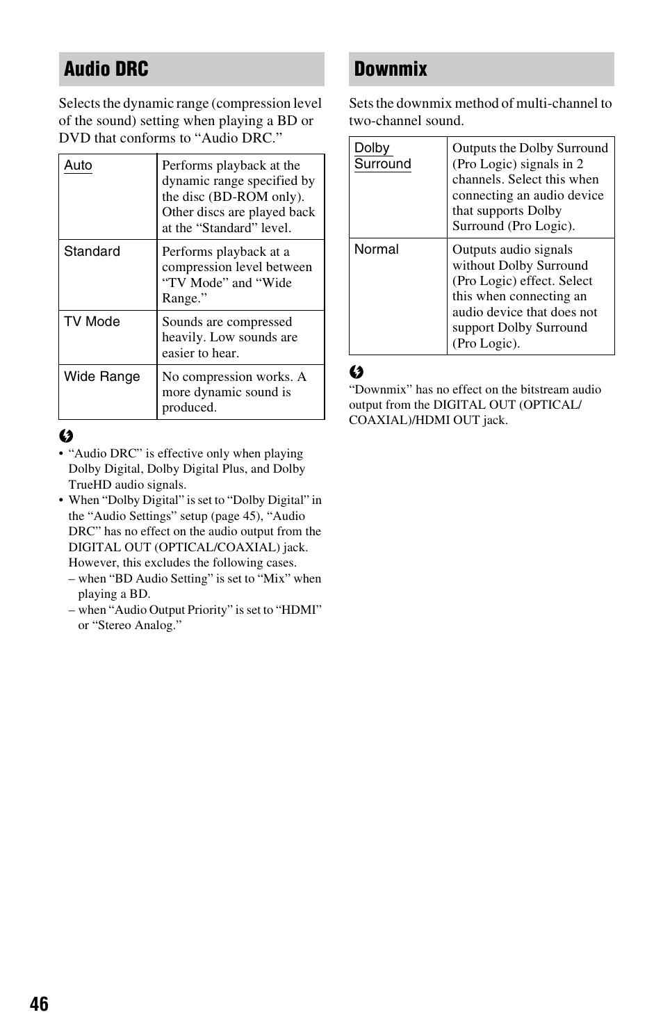 Audio drc, Downmix | Sony BDP-S360 User Manual | Page 46 / 79