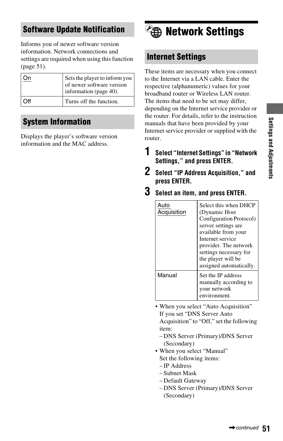 Network settings, Software update notification, System information internet settings | Sony BDP-S360 User Manual | Page 51 / 79