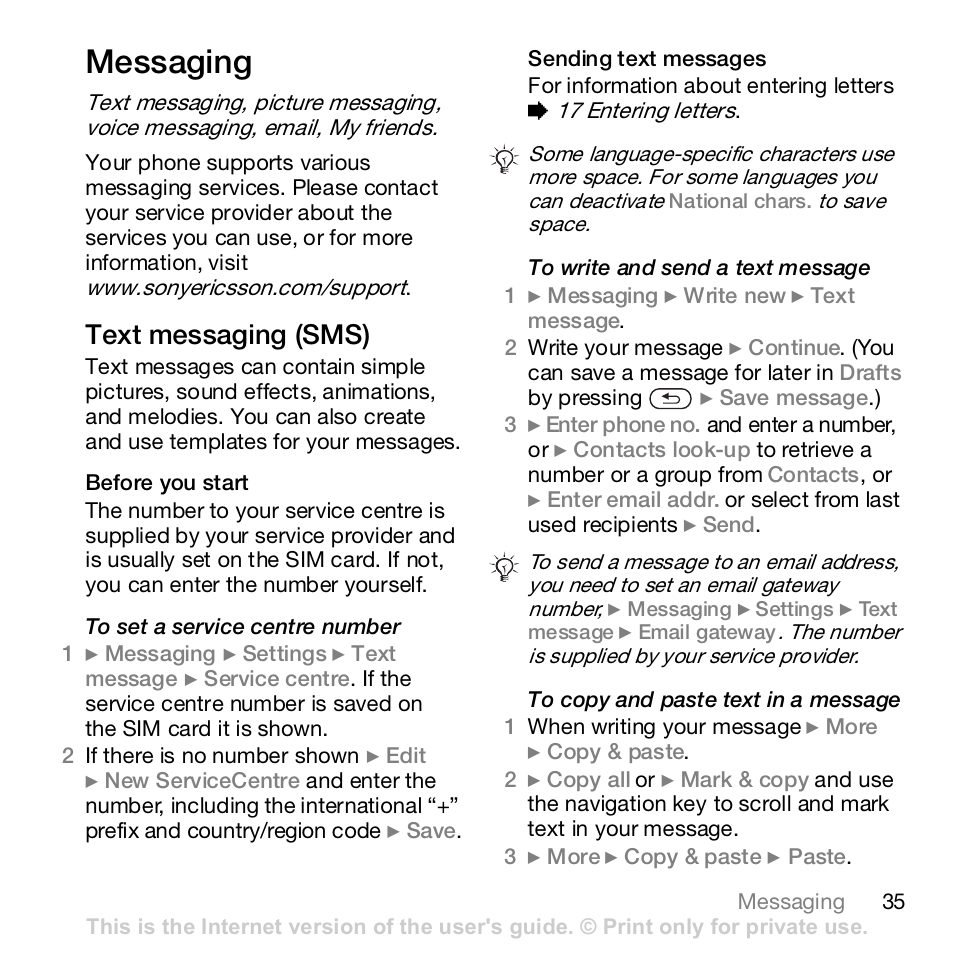 Messaging, 35 messaging, Text messaging (sms) | Sony Z610i User Manual | Page 35 / 96