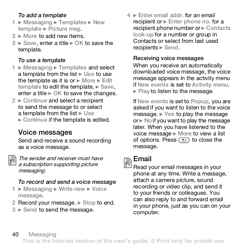 Voice messages, Email | Sony Z610i User Manual | Page 40 / 96
