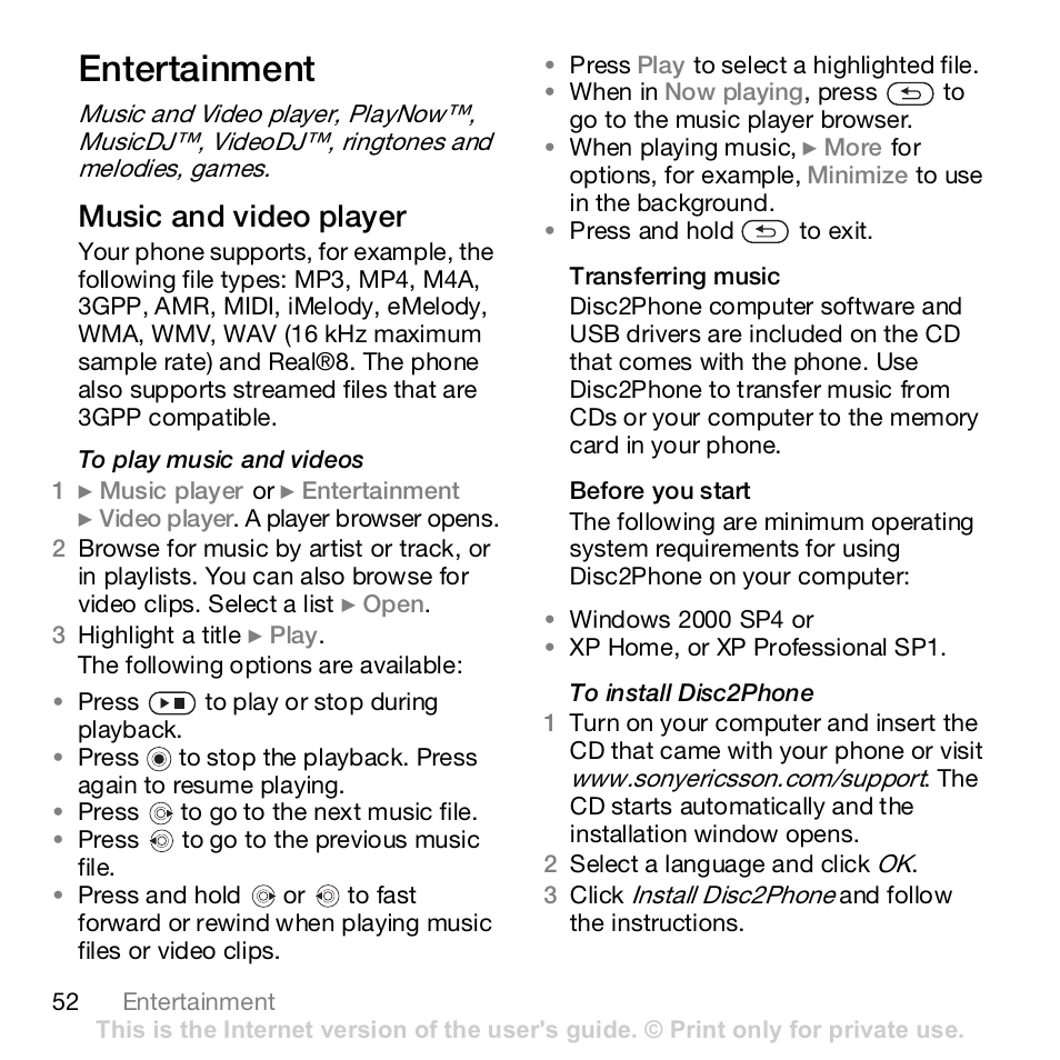 Entertainment, Music and video player | Sony Z610i User Manual | Page 52 / 96