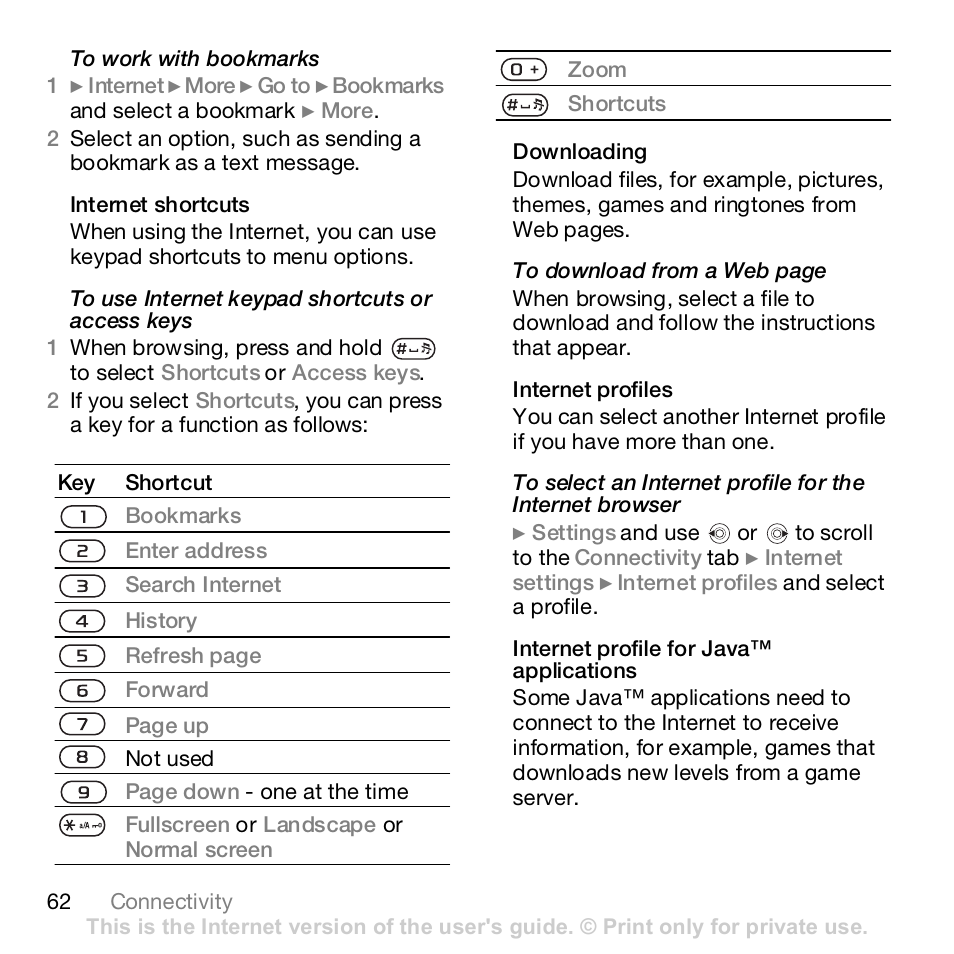 62 to use internet keypad, Shortcuts or access keys | Sony Z610i User Manual | Page 62 / 96