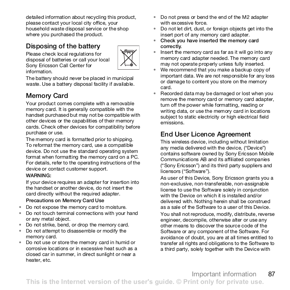 87 important information, Disposing of the battery, End user licence agreement | Sony Z610i User Manual | Page 87 / 96