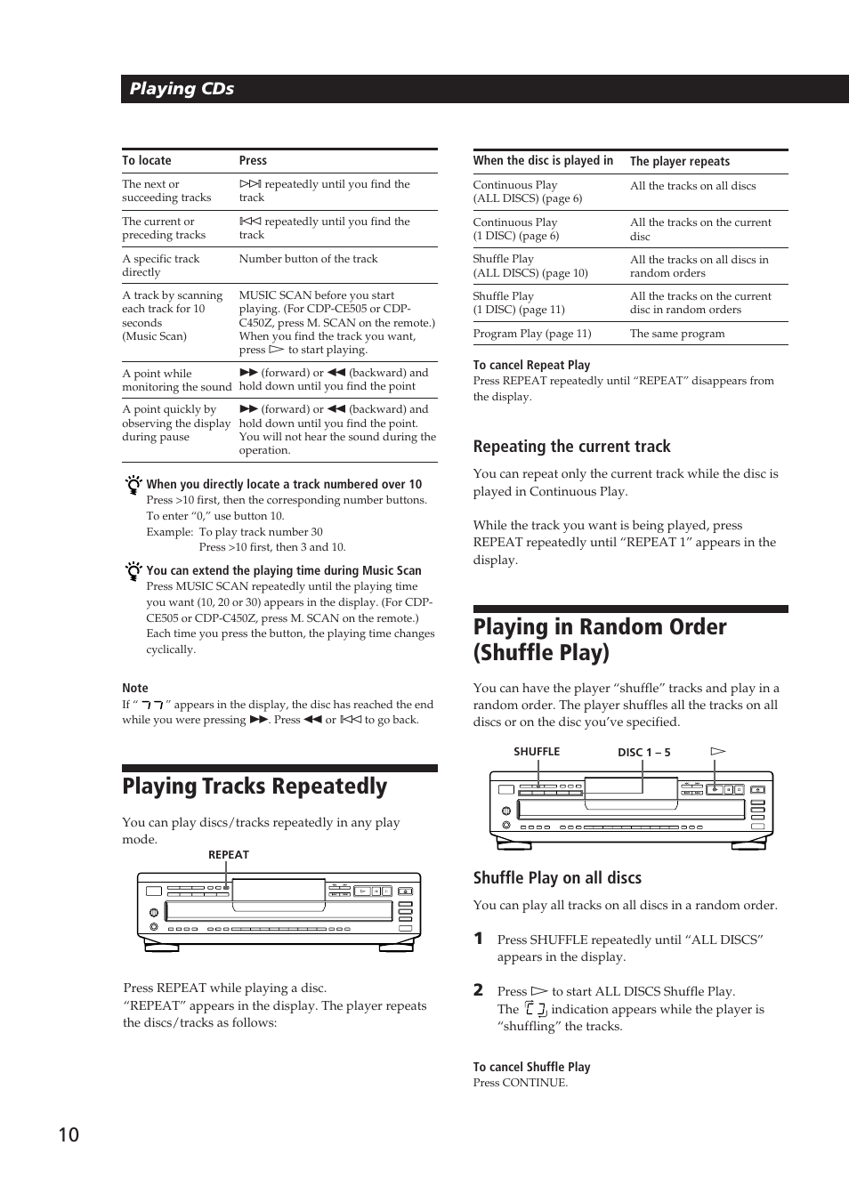 Playing tracks repeatedly, Playing in random order (shuffle play), Playing cds | Repeating the current track, Shuffle play on all discs | Sony CDP-CE505 User Manual | Page 10 / 20