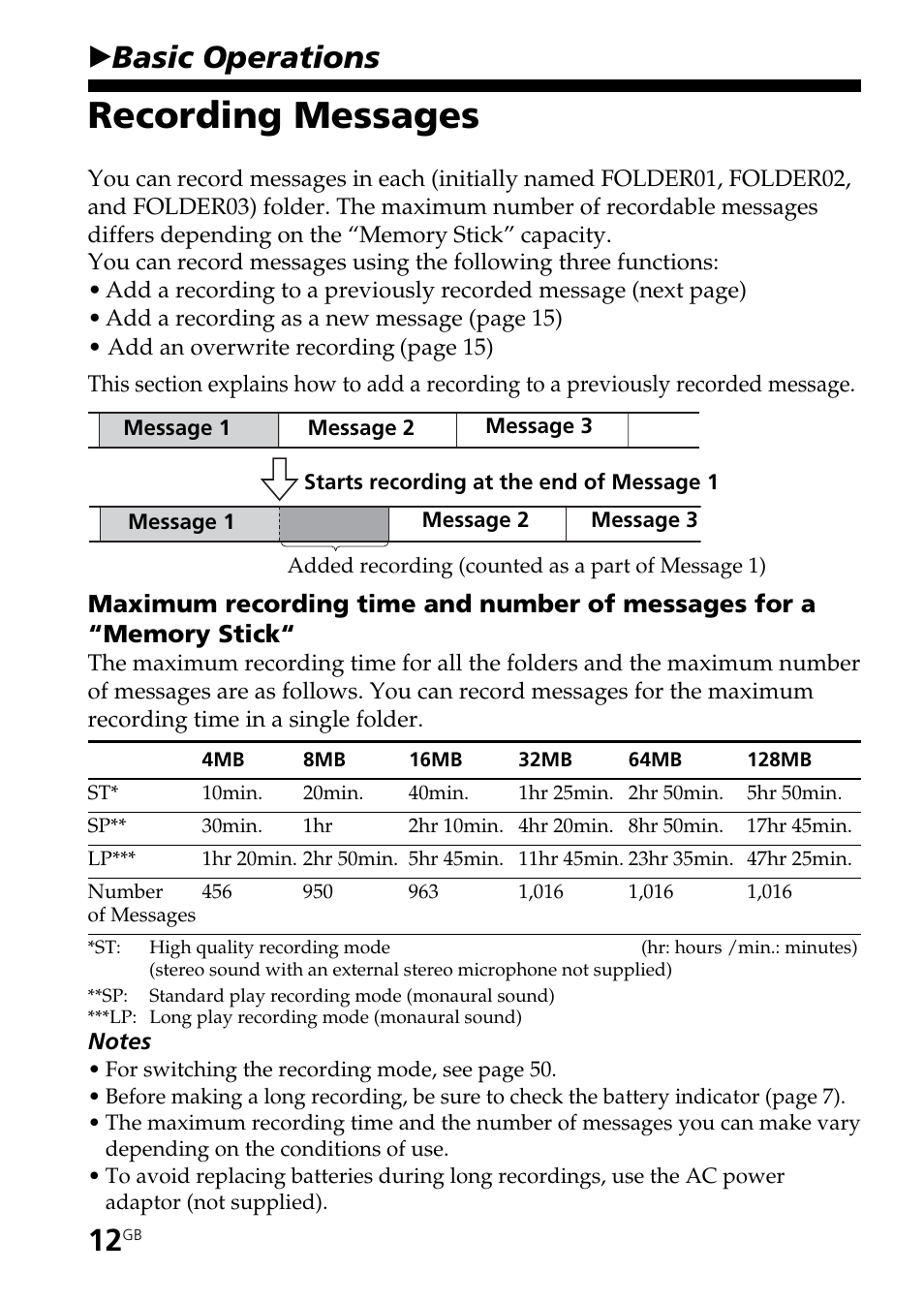 Basic operations, Recording messages, Bbasic operations | Sony ICD-BM1AVTP User Manual | Page 12 / 80