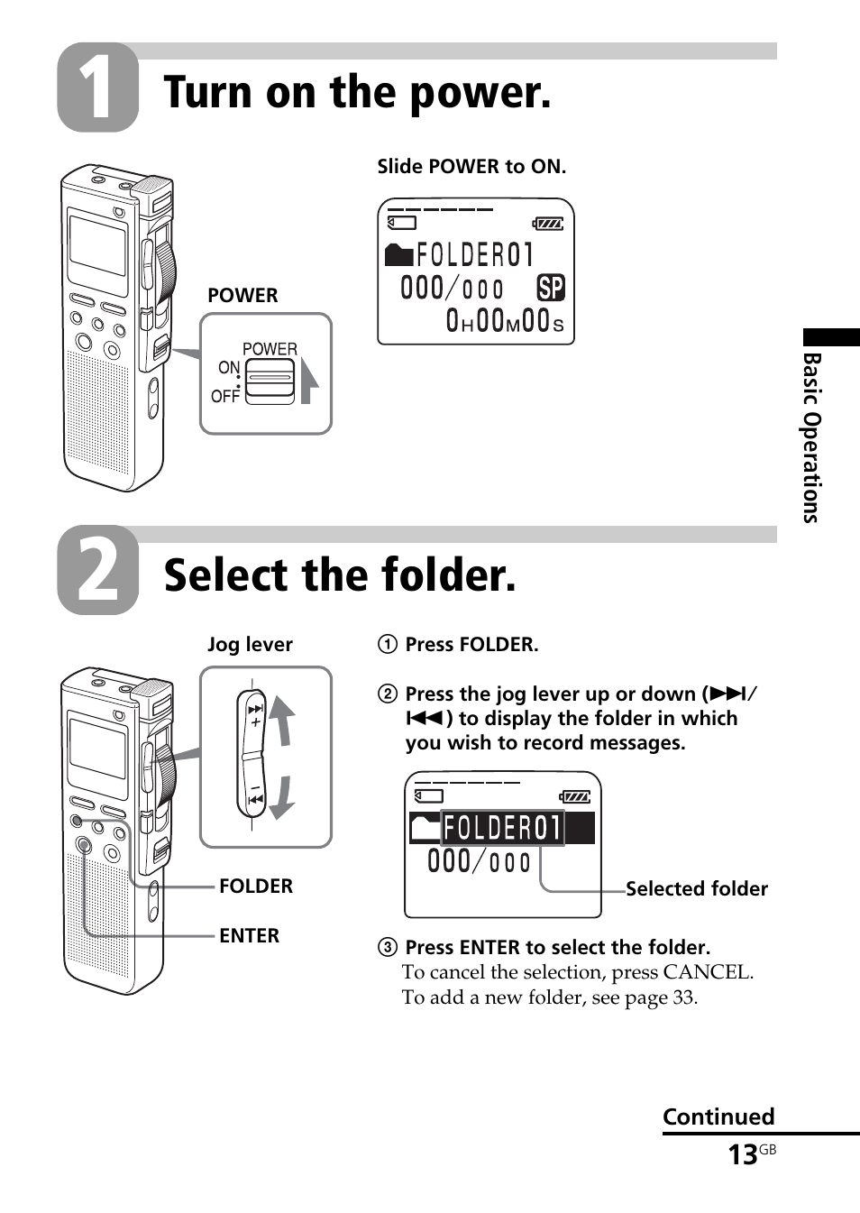 Turn on the power, Select the folder | Sony ICD-BM1AVTP User Manual | Page 13 / 80