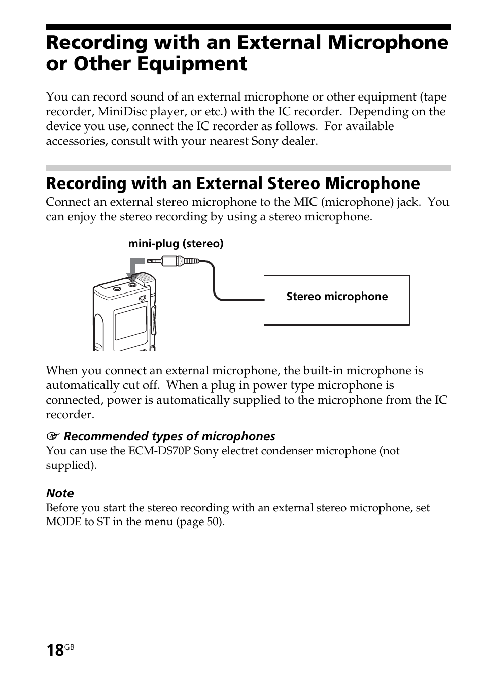 Recording with an external stereo microphone | Sony ICD-BM1AVTP User Manual | Page 18 / 80