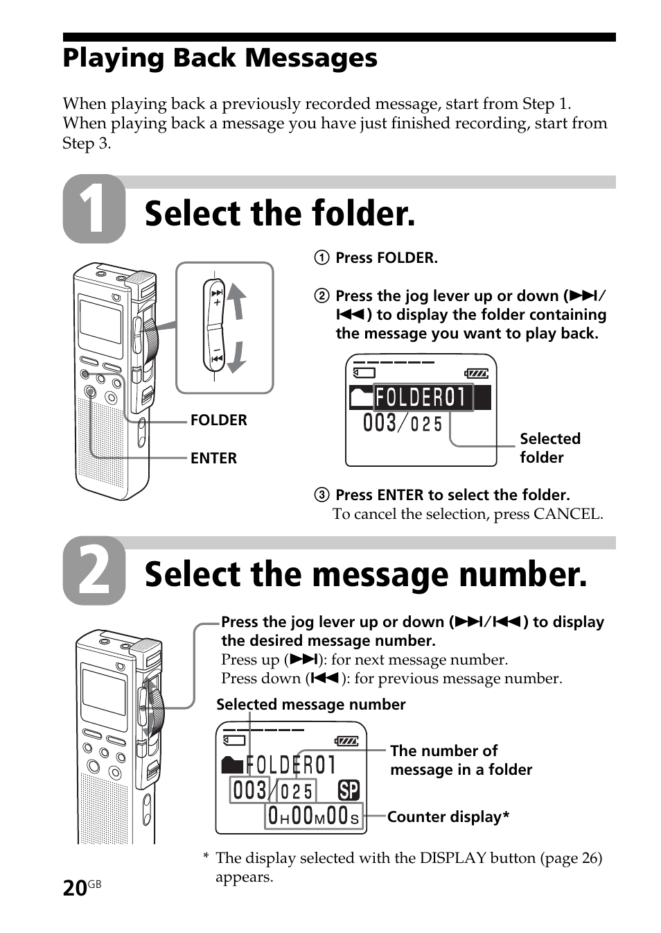 Playing back messages, Select the message number, Select the folder | Sony ICD-BM1AVTP User Manual | Page 20 / 80