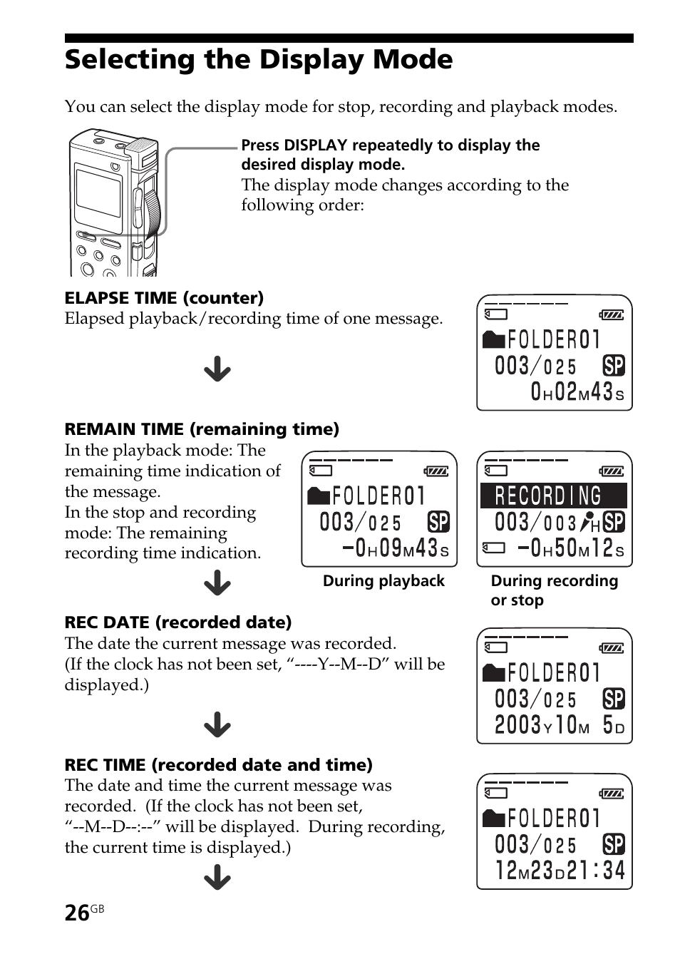 Selecting the display mode | Sony ICD-BM1AVTP User Manual | Page 26 / 80