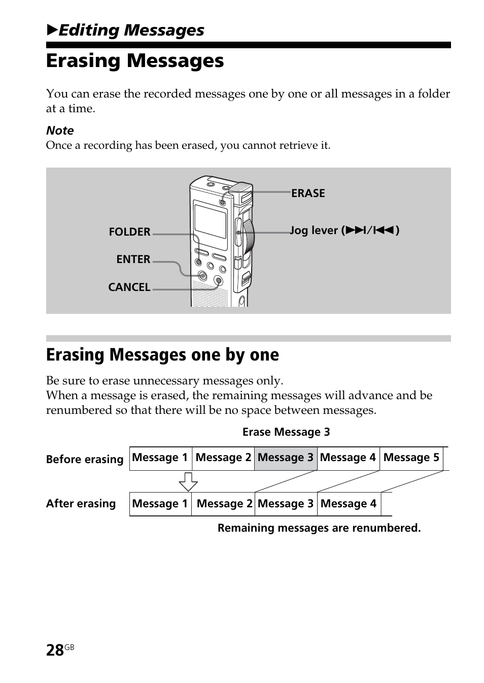 Editing messages, Erasing messages, Erasing messages one by one | Bediting messages | Sony ICD-BM1AVTP User Manual | Page 28 / 80