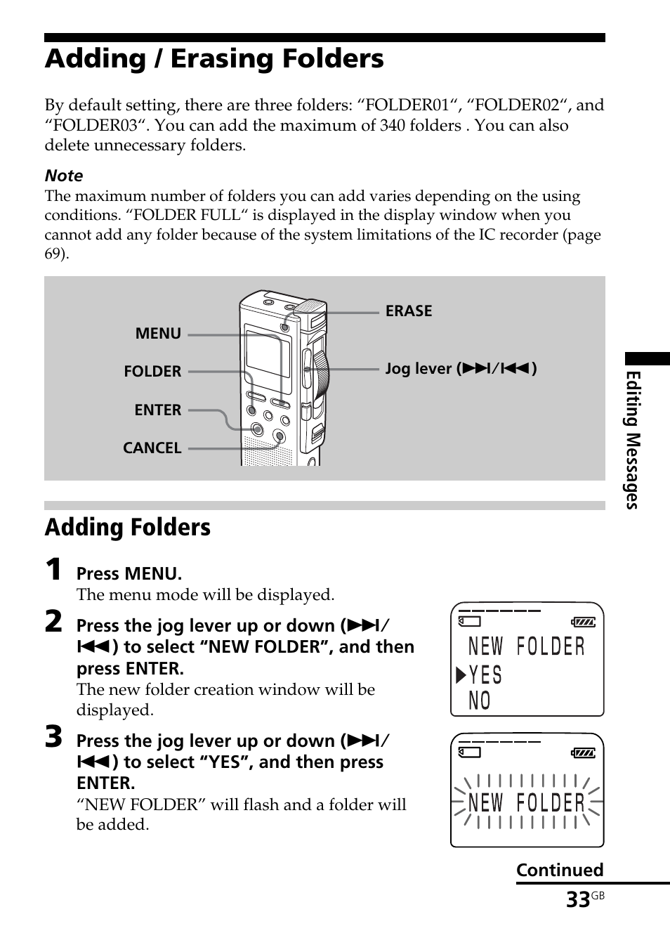 Adding / erasing folders, Adding folders | Sony ICD-BM1AVTP User Manual | Page 33 / 80