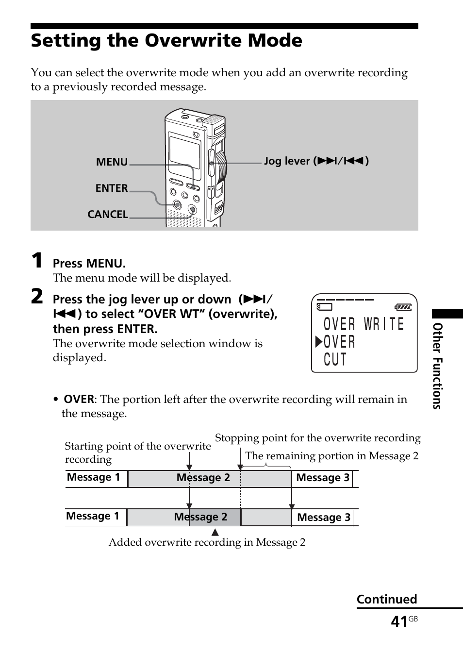 Setting the overwrite mode | Sony ICD-BM1AVTP User Manual | Page 41 / 80