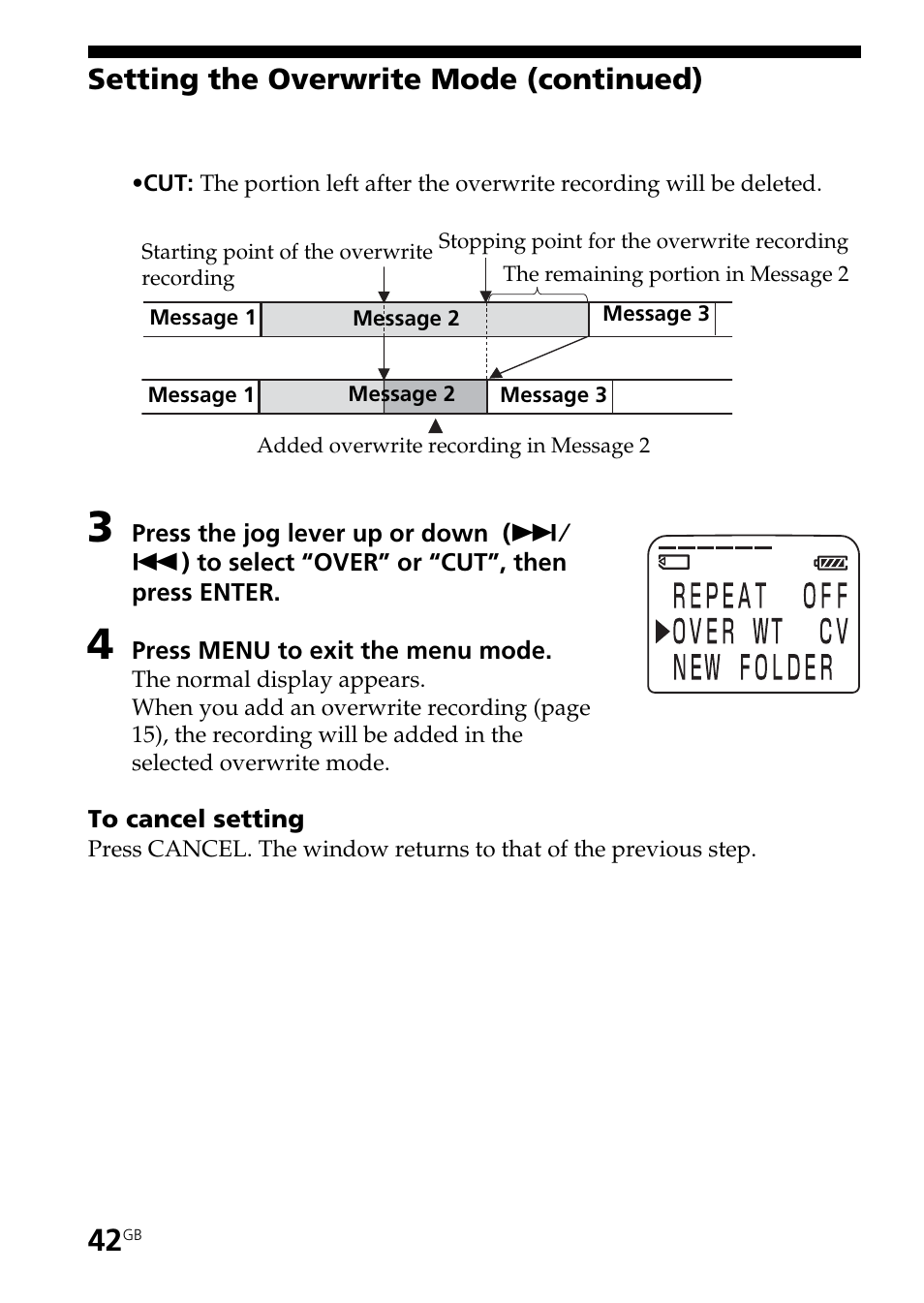 Setting the overwrite mode (continued) | Sony ICD-BM1AVTP User Manual | Page 42 / 80