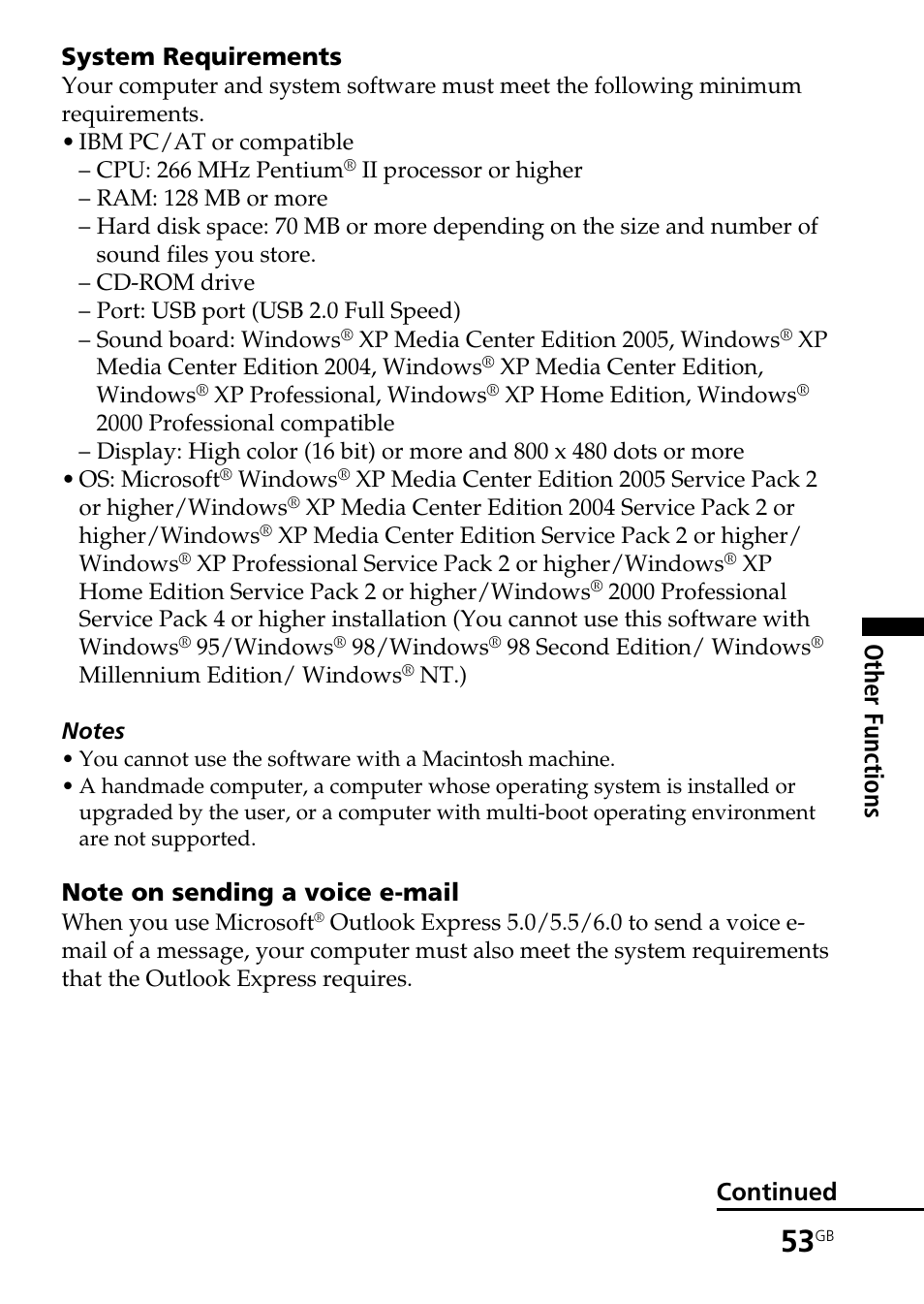 Other functions, System requirements, Continued | Sony ICD-BM1AVTP User Manual | Page 53 / 80