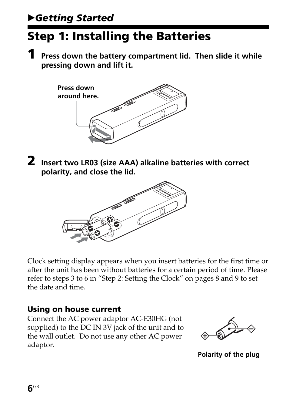 Getting started, Step 1: installing the batteries | Sony ICD-BM1AVTP User Manual | Page 6 / 80