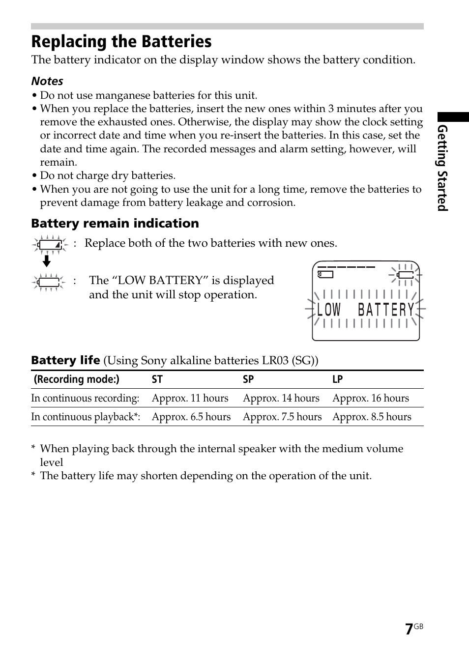 Replacing the batteries | Sony ICD-BM1AVTP User Manual | Page 7 / 80