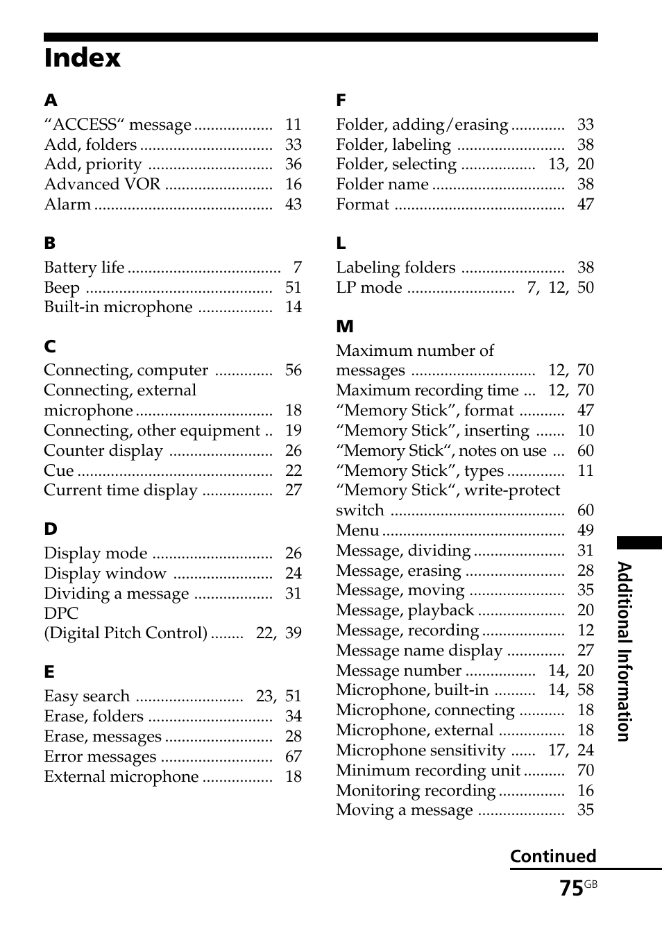 Index | Sony ICD-BM1AVTP User Manual | Page 75 / 80