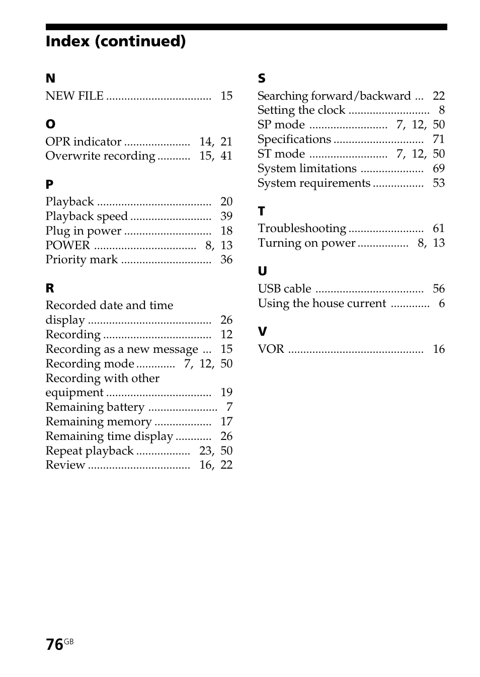 Index (continued) | Sony ICD-BM1AVTP User Manual | Page 76 / 80