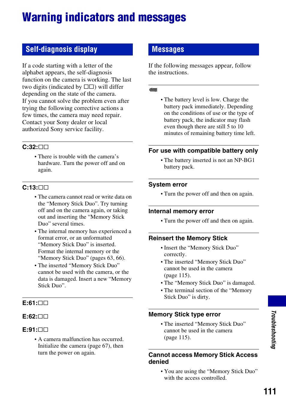 Warning indicators and messages, Ing (111), Self-diagnosis display messages | Sony Cyber-shot DSC-H10 User Manual | Page 111 / 123