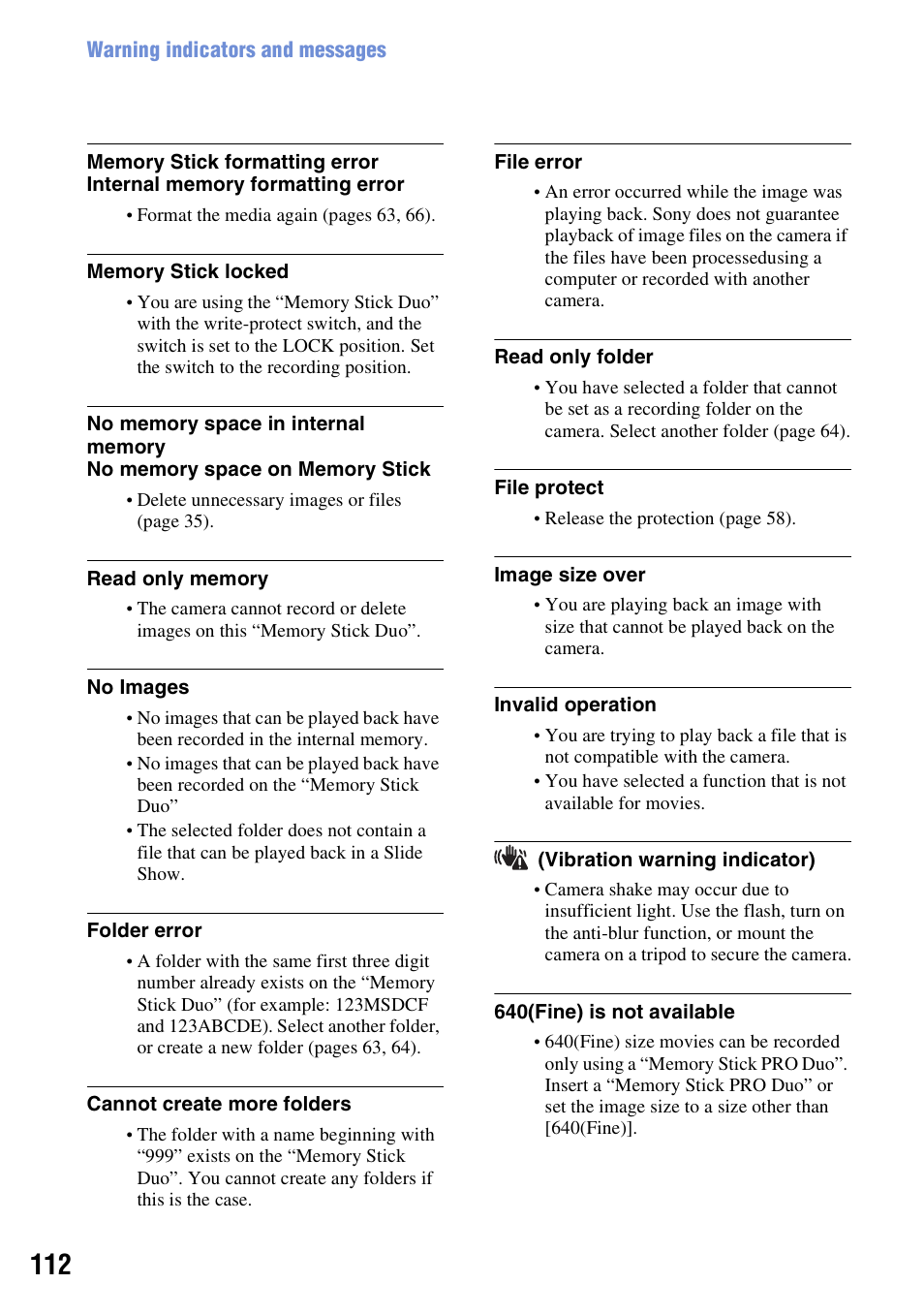 Sony Cyber-shot DSC-H10 User Manual | Page 112 / 123