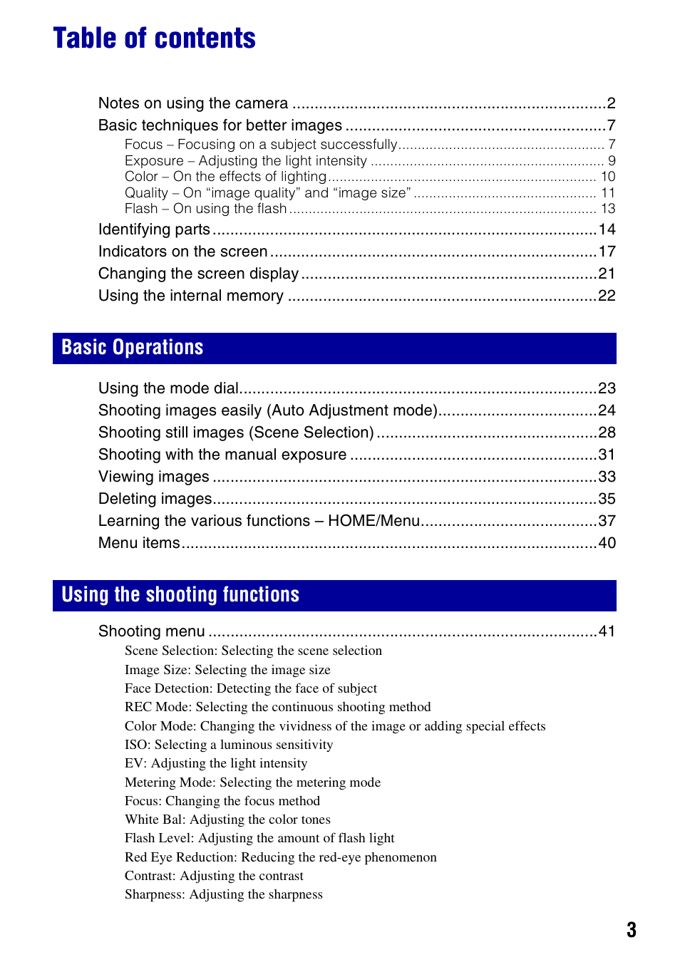 Sony Cyber-shot DSC-H10 User Manual | Page 3 / 123