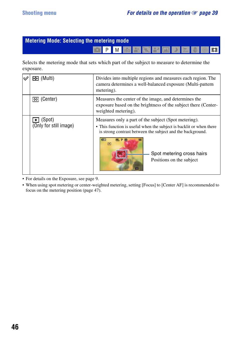 Metering mode: selecting the metering mode | Sony Cyber-shot DSC-H10 User Manual | Page 46 / 123