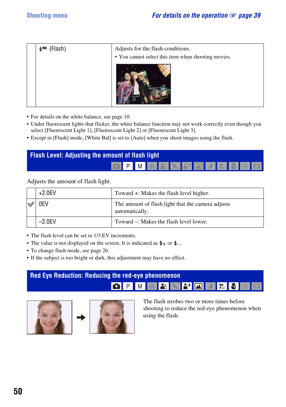 Flash level: adjusting the amount of flash light, Red eye reduction: reducing the red-eye phenomenon | Sony Cyber-shot DSC-H10 User Manual | Page 50 / 123