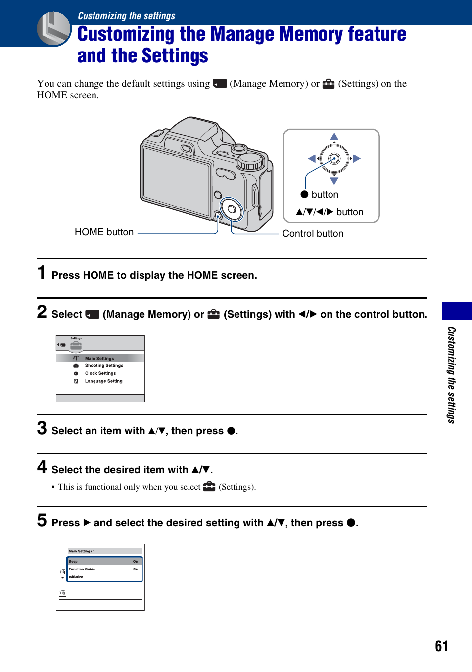 Customizing the settings | Sony Cyber-shot DSC-H10 User Manual | Page 61 / 123