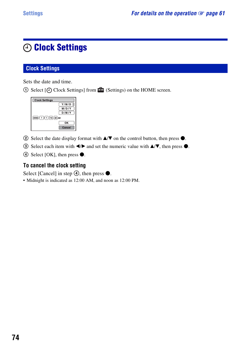 Clock settings | Sony Cyber-shot DSC-H10 User Manual | Page 74 / 123