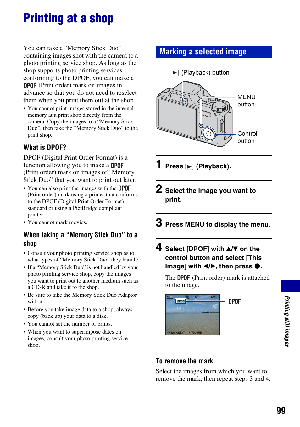 Printing at a shop, Marking a selected image | Sony Cyber-shot DSC-H10 User Manual | Page 99 / 123