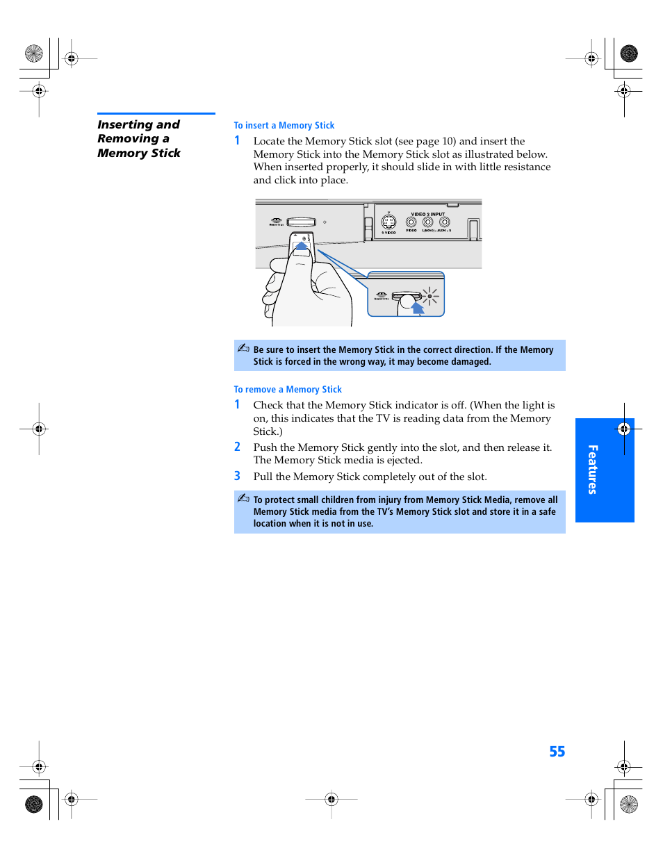 Inserting and removing a memory stick | Sony WEGA KV-36XBR800 User Manual | Page 56 / 89