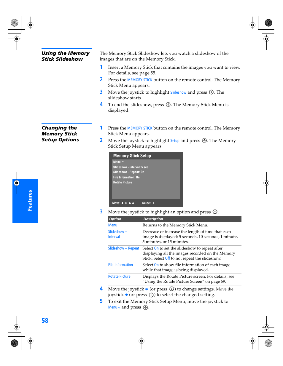 Using the memory stick slideshow, Changing the memory stick setup options | Sony WEGA KV-36XBR800 User Manual | Page 59 / 89