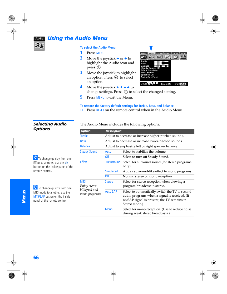 Using the audio menu | Sony WEGA KV-36XBR800 User Manual | Page 67 / 89